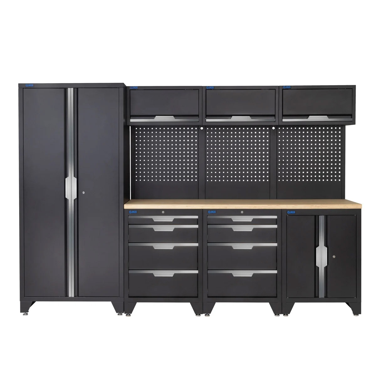 SGS 10pc Garage Storage System | 8 Drawers | Pressed Wood Worktop | Tall Double Cabinet | Floor Cabinet | 3x Upper Cabinets